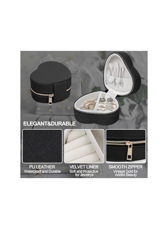The Bros Small Heart Jewelry Organizer for Girls Birthday Gift Pu Leather Travel Case for Rings Earrings Necklaces Organizing Portable Mini Jewelry Box for Women (Black) - Image 3