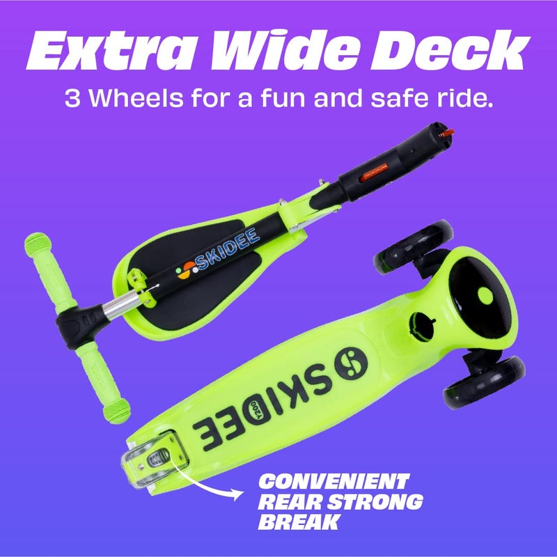 SKIDEE Kick Scooter for Kids Ages 3-5 | Foldable 3 Wheel Scooter with Lean-to-Steer, Adjustable Height, Removable Seat & LED Light Wheels | Toddler Scooter Up to 12 Year Old Boys/Girls, Green - Image 3