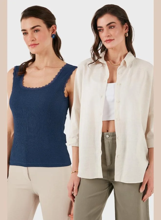 Lela Lela Stretch Cotton Oversize Fit 2-Pack Shirt-Tank Top Set Women's SHIRT-TANK TOP SET 67810014979S2