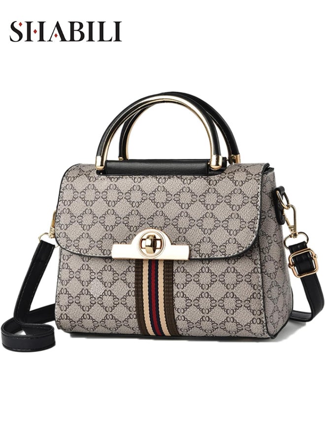 SHABILI Women’s PU Leather Plaid Satchel Handbag, Ladies Small Top-Handle Shoulder and Crossbody Purse with Removable Strap, Lightweight Fashion Messenger Bag for Work, Shopping, Travel and Daily Use (Grey) - Image 1