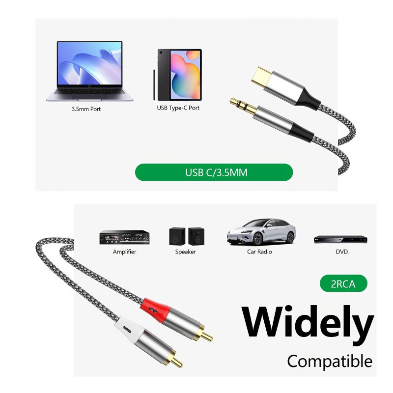 2 In 1 USB C 3.5mm to 2 RCA Audio Cable 2.3m 90.6in for PC Speaker TV Box Amplifier DVD Player - Image 4