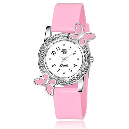 SWADESI STUFF Analog White Dial Diamond Studded Pink Butterfly Plastic Watch for Girls & Women - Image 1