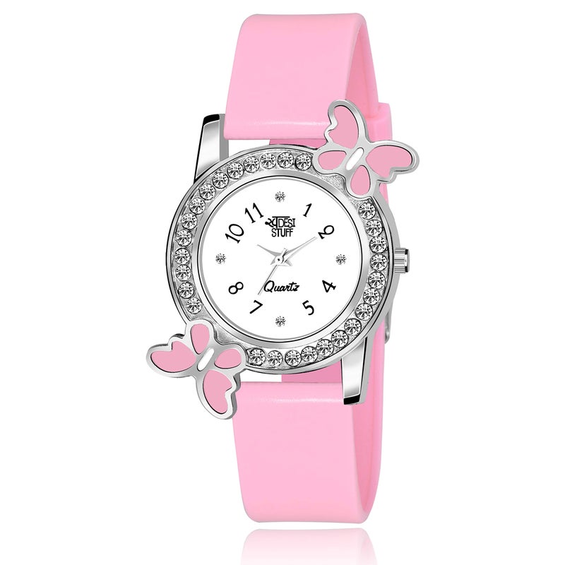 SWADESI STUFF Analog White Dial Diamond Studded Pink Butterfly Plastic Watch for Girls & Women - Image 5