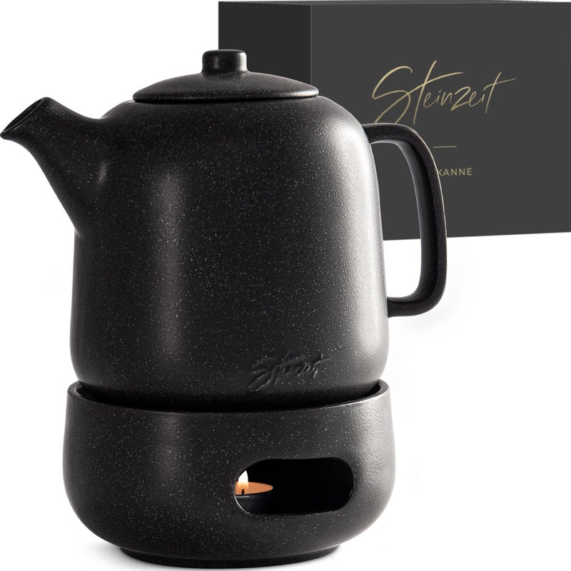 Steinzeit Design Tea Pot with Warmer 44 oz  Premium Ceramic Teapot with Infuser for Loose Tea  Black Teapot Ceramic with Removable Steamer
