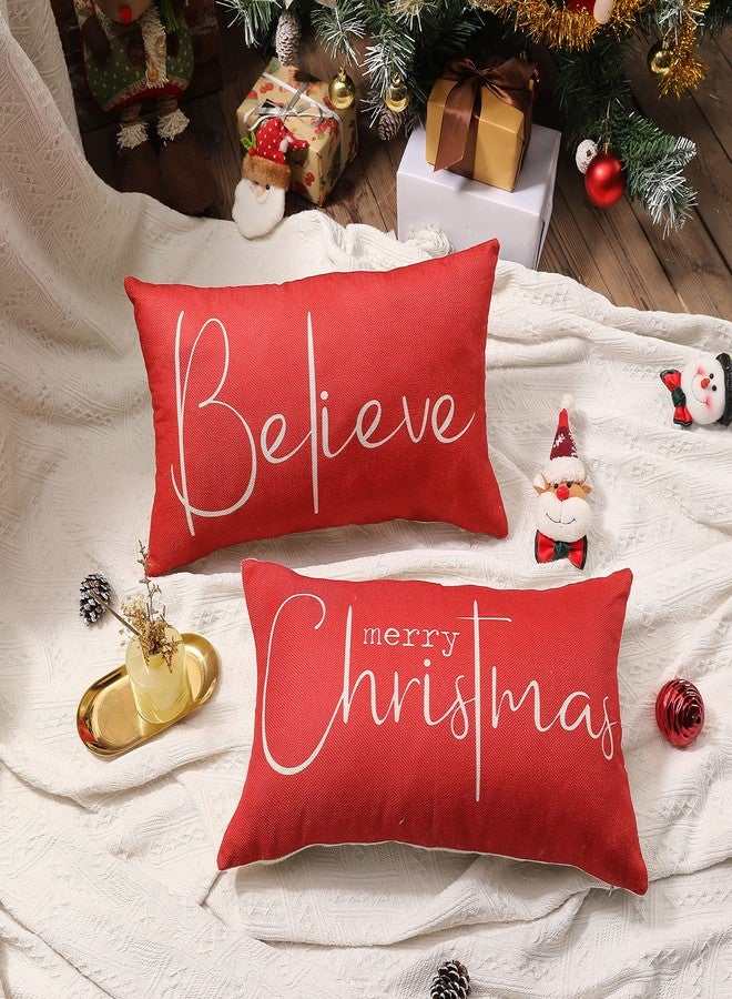 DFXSZ Christmas Throw Pillow Covers 12x20 Inch Set of 2 Merry Christmas Farmhouse Decorations Believe Holiday Decor Throw Cushion Case for Home Couch - Image 2
