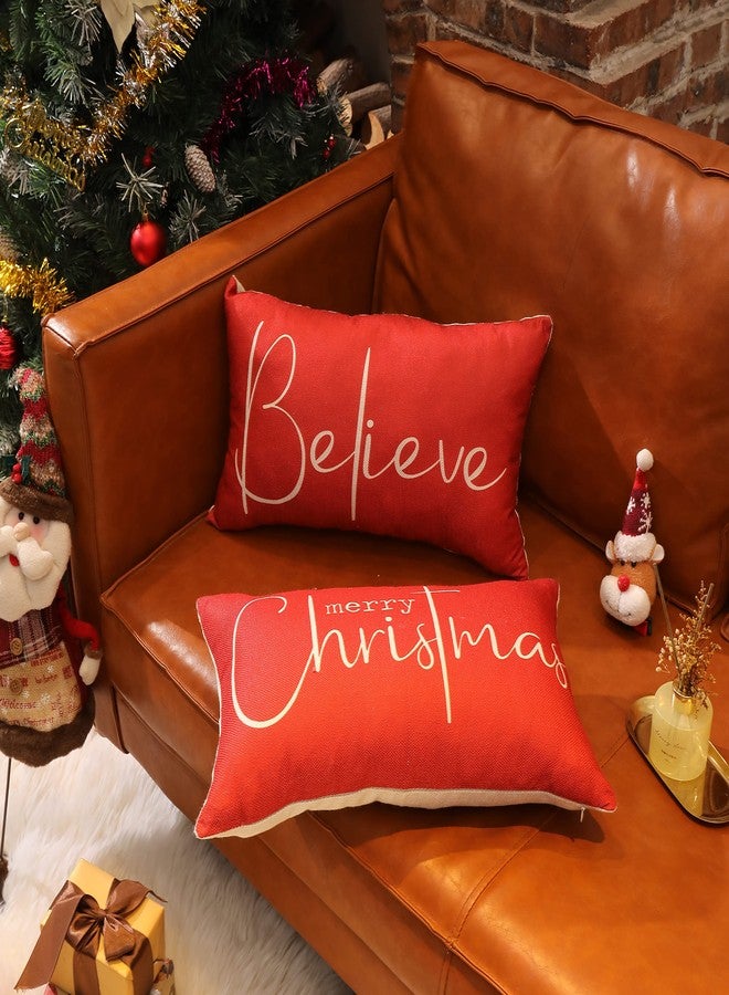 DFXSZ Christmas Throw Pillow Covers 12x20 Inch Set of 2 Merry Christmas Farmhouse Decorations Believe Holiday Decor Throw Cushion Case for Home Couch - Image 3