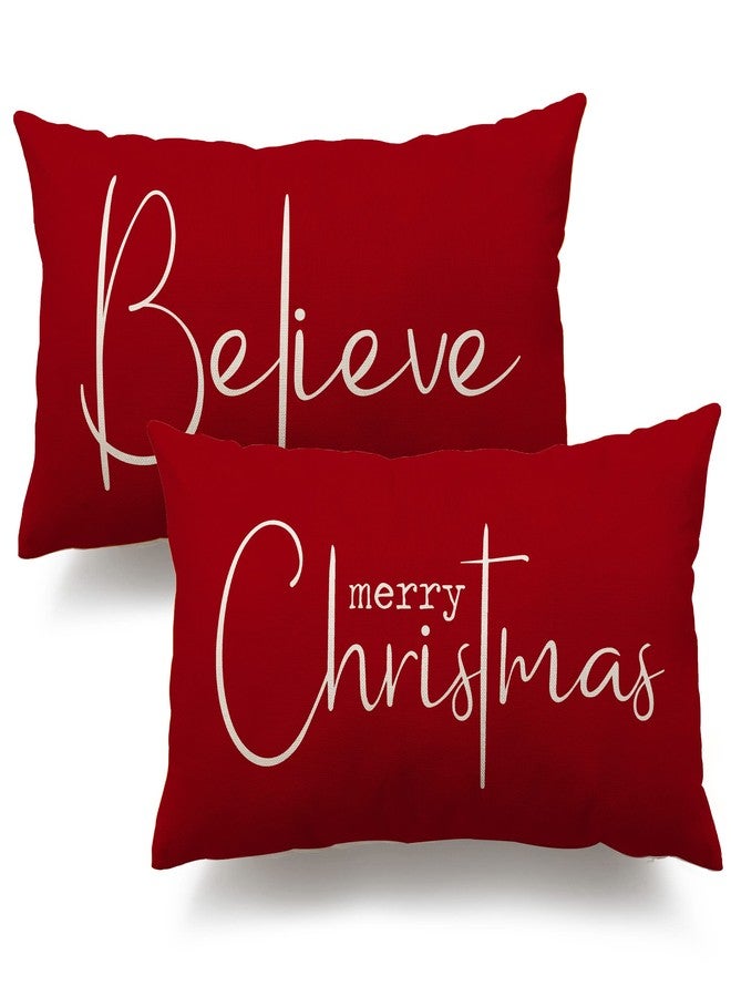 DFXSZ Christmas Throw Pillow Covers 12x20 Inch Set of 2 Merry Christmas Farmhouse Decorations Believe Holiday Decor Throw Cushion Case for Home Couch - Image 1