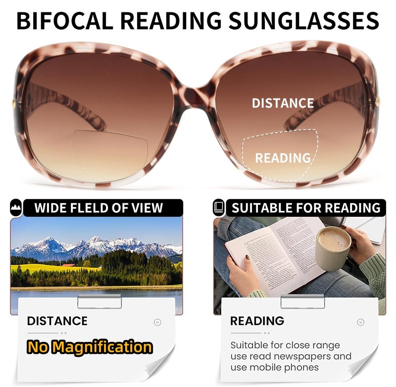 JM Classic Bifocal Reading Sunglasses for Women Vintage Reader Glasses Outdoor UV Protection Tortoise +2.0 - Image 4