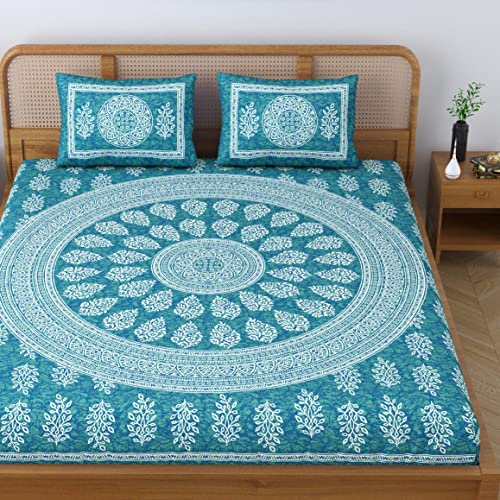 SheetKart Floral Motif Cotton Double Bedsheet Jaipuri Printed Bed Cover with 2 Pillow Covers - Sea Green, 144 tc - Image 2