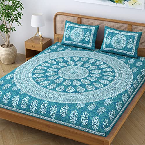 SheetKart Floral Motif Cotton Double Bedsheet Jaipuri Printed Bed Cover with 2 Pillow Covers - Sea Green, 144 tc - Image 3