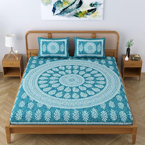SheetKart Floral Motif Cotton Double Bedsheet Jaipuri Printed Bed Cover with 2 Pillow Covers - Sea Green, 144 tc - Image 5