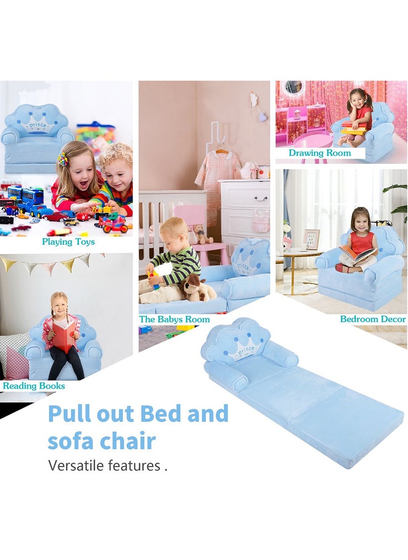Foldable Toddler Sofa, Kids Couch with Removable Cover, Toddler Couch Bed for Bedroom (Blue)
