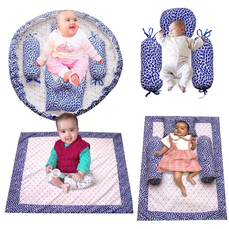 CREATIVE TEXTILES مجموعة هدايا سرير ونوم للأطفال حديثي الولادة 4 قطع (مزخرف بأزهار زرقاء)-01 - Image 1