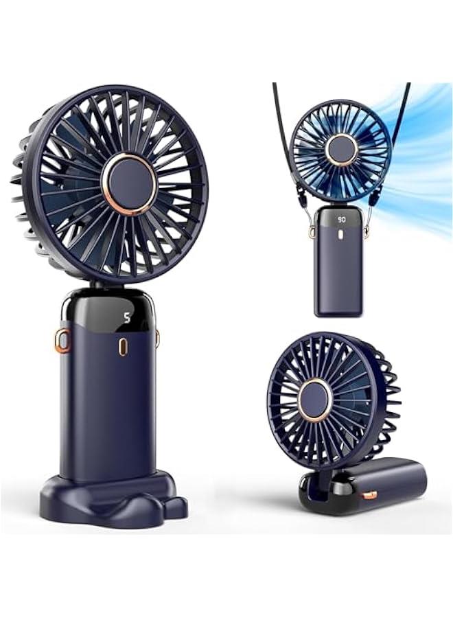 HOOKOR Portable Handheld Fan, Battery Operated Fan with Base, 7-12Hours, Digital Display, 5 Speeds, 90° Ajustable, Rechargeable Mini Fan for Outdoor Indoor (Dark Blue) - Image 1
