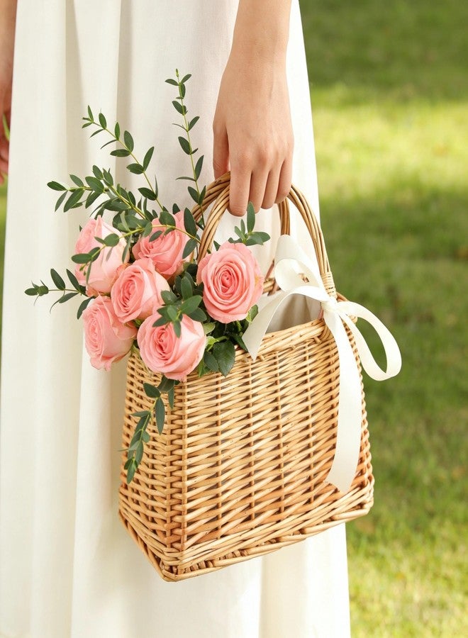 Eiyye Handwoven Wicker Picnic Basket Purse Flower Girl Basket Natural Wicker Purses Woven Bag Rattan Purse for Women(Khaki) - Image 3