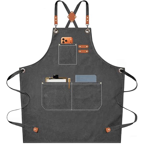 AFUN Chef Apron, Cotton Canvas Cross Back Apron with Adjustable Straps and Large Pockets,M to XXL (Grey) - Image 1