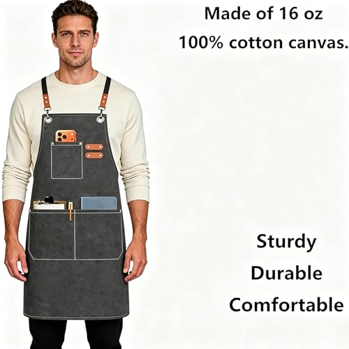 AFUN Chef Apron, Cotton Canvas Cross Back Apron with Adjustable Straps and Large Pockets,M to XXL (Grey) - Image 4