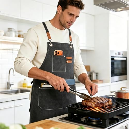 AFUN Chef Apron, Cotton Canvas Cross Back Apron with Adjustable Straps and Large Pockets,M to XXL (Grey) - Image 2