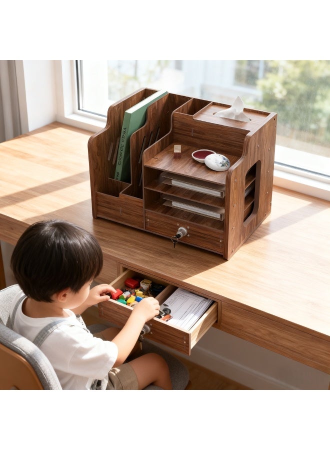 Wooden Desk Organizer, Office Desk Organizer with Drawer, Pen Holder for Multifunctional Desk, Pen Holder for Office Home School Pens (Walnut wood color) - Image 4