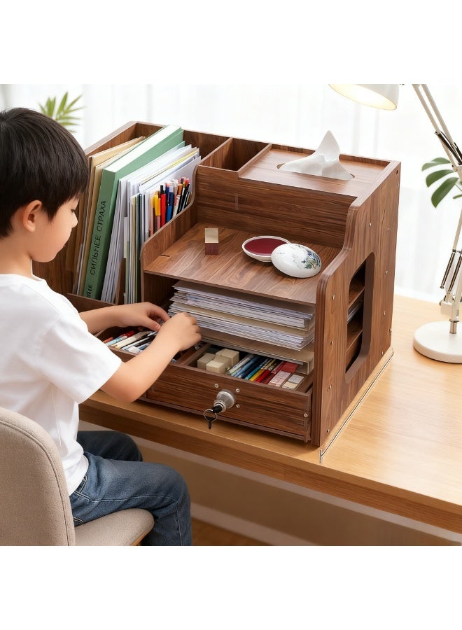 Wooden Desk Organizer, Office Desk Organizer with Drawer, Pen Holder for Multifunctional Desk, Pen Holder for Office Home School Pens (Walnut wood color) - Image 3