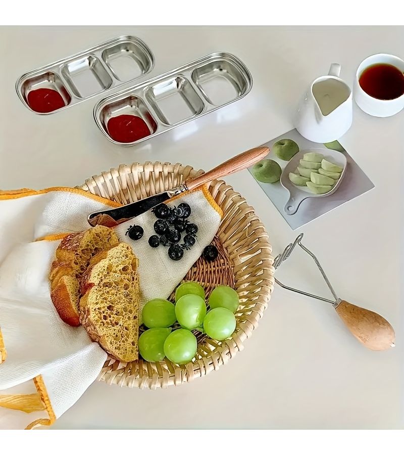 Silvery Stainless Steel 4 Piece Divided Sauce Dish For Ketchup Vinegar Salt Home - Image 3