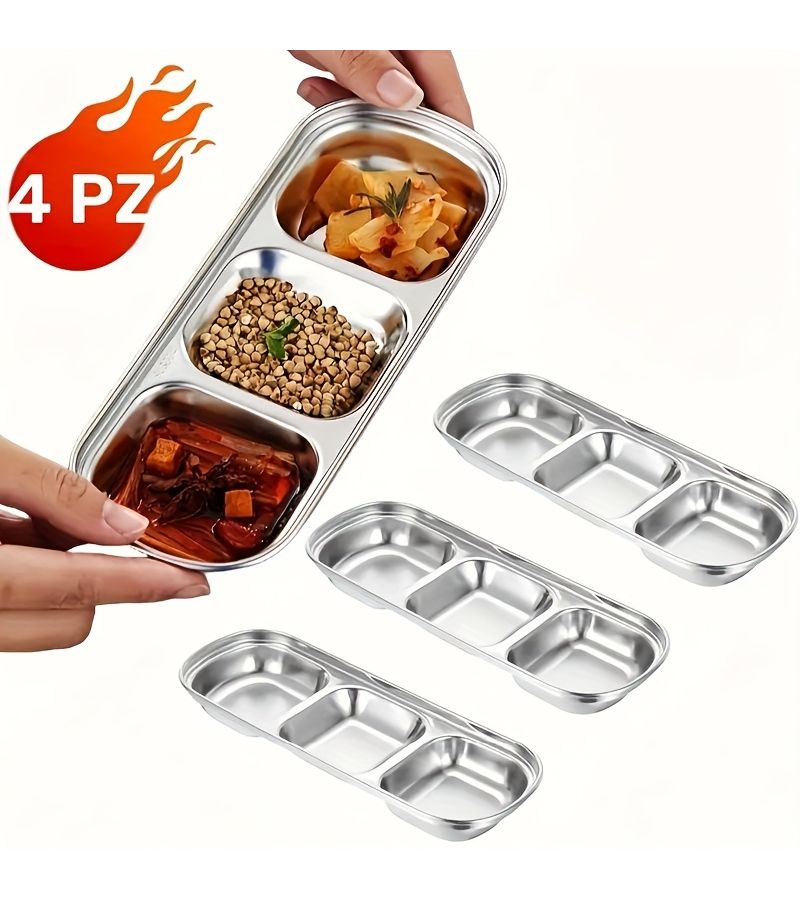 Silvery Stainless Steel 4 Piece Divided Sauce Dish For Ketchup Vinegar Salt Home - Image 4