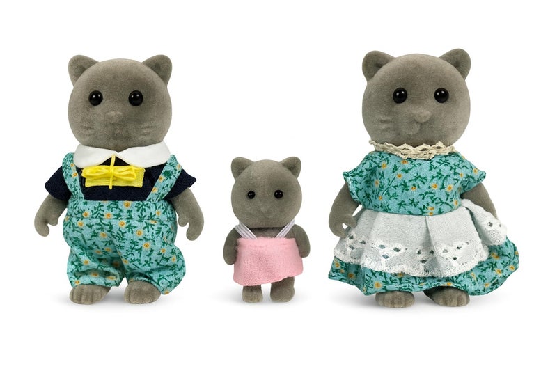 OLEOCA Family Gray Cat Figures â€” Set of 3 Collectible Flocked Mini Dolls with Removable Clothes, Miniature Dollhouse Pretend Play Figures for Kids Ages 3+ - Image 1
