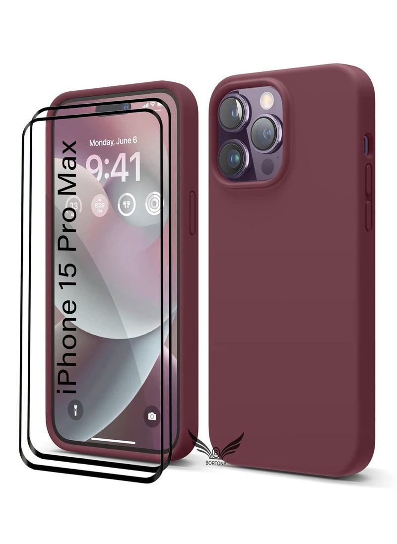 BORTONY iPhone 15 Pro Max Case with 2PCS Tempered Glass Screen Protector [3 in 1] iPhone 15 Pro Max Silicone Cover Shockproof Protective Slim Case for Apple iPhone 15 Pro Max 6.7 Inch  - Image 1
