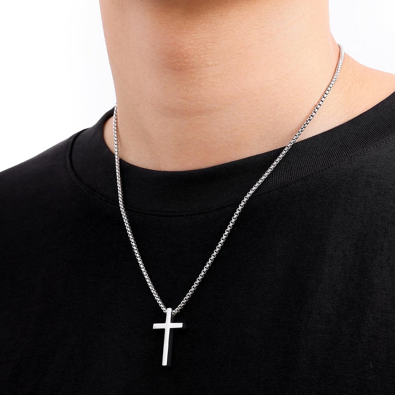 Fiusem Silver Tone Cross Necklace for Men, Mens Cross Necklaces with 2.5mm Cross Chain and Stainless Steel Cross Pendant Small, Box Chain 22 Inch - Image 2