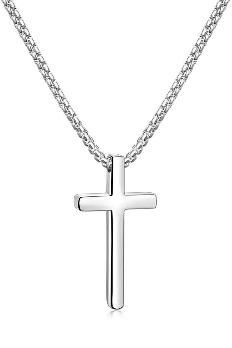 Fiusem Silver Tone Cross Necklace for Men, Mens Cross Necklaces with 2.5mm Cross Chain and Stainless Steel Cross Pendant Small, Box Chain 22 Inch - Image 1