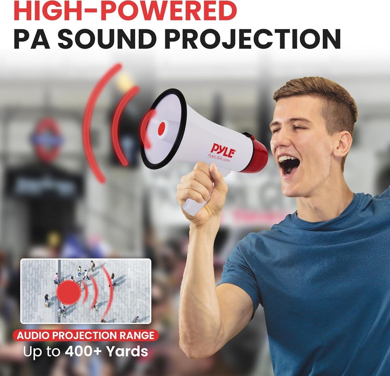 Pyle بوق ميغافون 20 واط - 5.4'' × 8.6'' ميغافون محمول، نطاق عرض يصل إلى 1100 ياردة مربعة، صوت محادثة وتنبيه صفارة، حزام كتف، يعمل بالبطارية، (أبيض) - Image 5