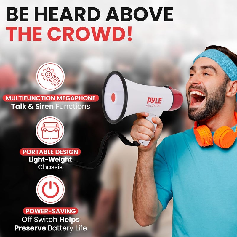 Pyle بوق ميغافون 20 واط - 5.4'' × 8.6'' ميغافون محمول، نطاق عرض يصل إلى 1100 ياردة مربعة، صوت محادثة وتنبيه صفارة، حزام كتف، يعمل بالبطارية، (أبيض) - Image 2