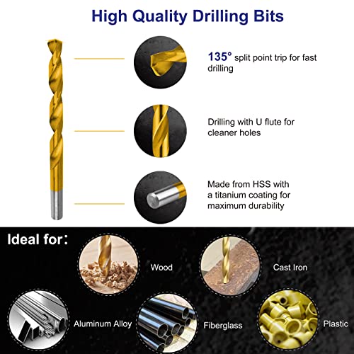 Hurricane 99 Pieces Titanium Twist Drill Bit Set, 135° Tip High Speed Steel, Size from 1/16" up to 3/8", Ideal Drilling in Wood/Cast Iron/Aluminum Alloy/Plastic/Fiberglass, with Hard Storage by HURRICANE - Image 3