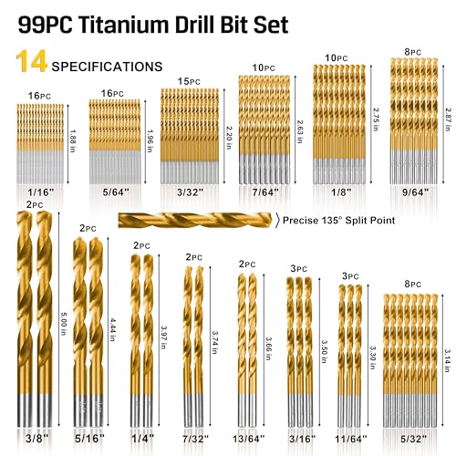 Hurricane 99 Pieces Titanium Twist Drill Bit Set, 135° Tip High Speed Steel, Size from 1/16" up to 3/8", Ideal Drilling in Wood/Cast Iron/Aluminum Alloy/Plastic/Fiberglass, with Hard Storage by HURRICANE - Image 2