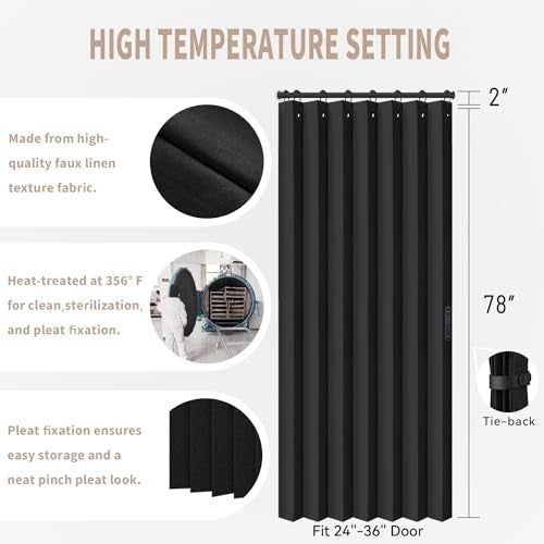 Vatge Closet Door Curtain Room Divider Drapes, Pleated Folding Style Curtains for Doorways Curtain for Bedroom Without Door,1 Panel with Tieback, W39 x L78, Black - Image 2