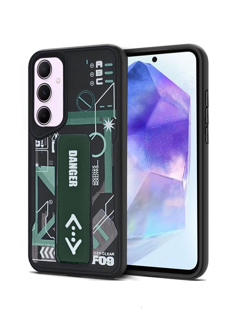 Techie غطاء خلفي أنيق من السيليكون مع مقبض يد مغناطيسي وحامل لهاتف سامسونج جالاكسي A55 - أسود/أخضر - Image 1