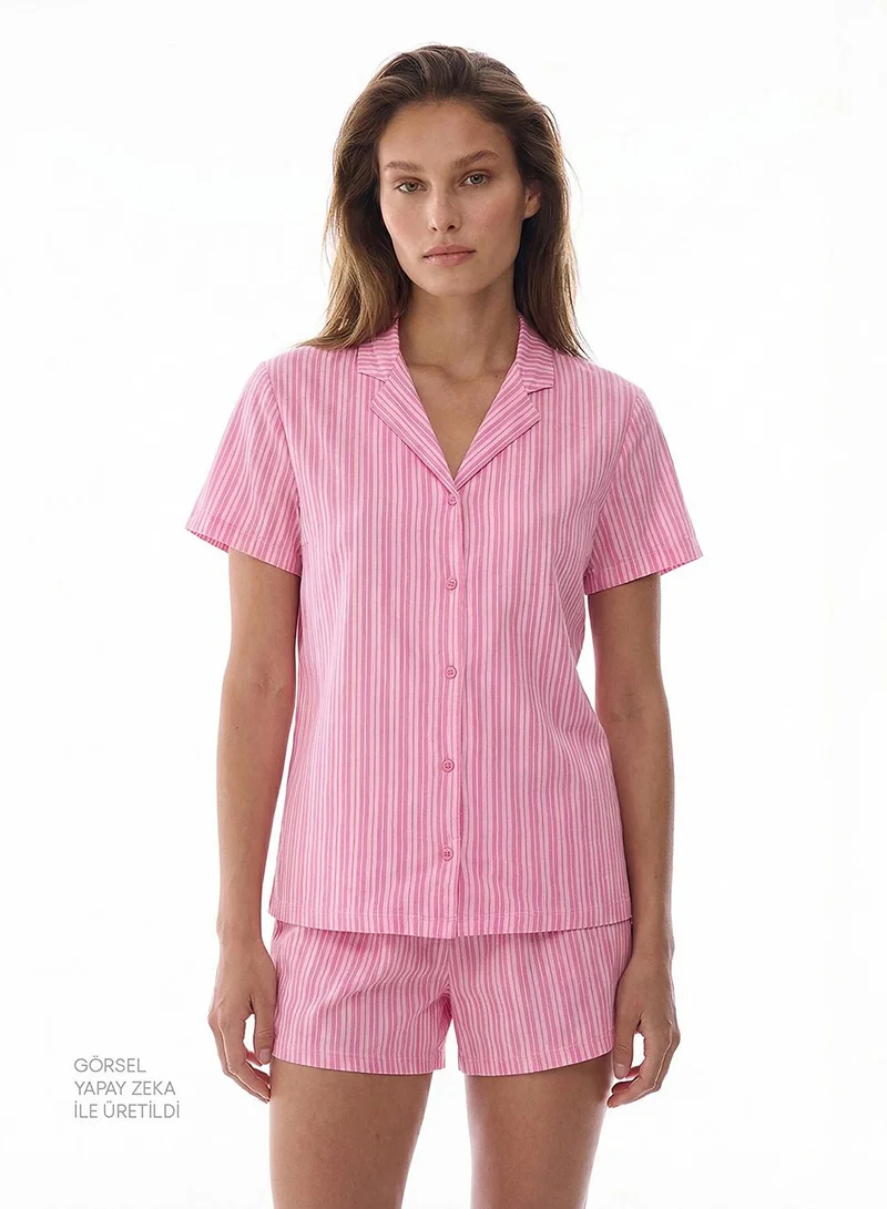 Penti Women's Cotton Lounge Pinkish Stripes Shirt & Shorts Set - Pink