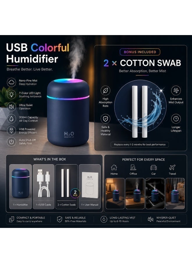 H2O USB Electric Aroma Diffuser 300ml with 2 Cotton Filters - Air Humidifier & LED Night Light - Fragrance Diffuser & Air Freshener for Home and Office - Image 2