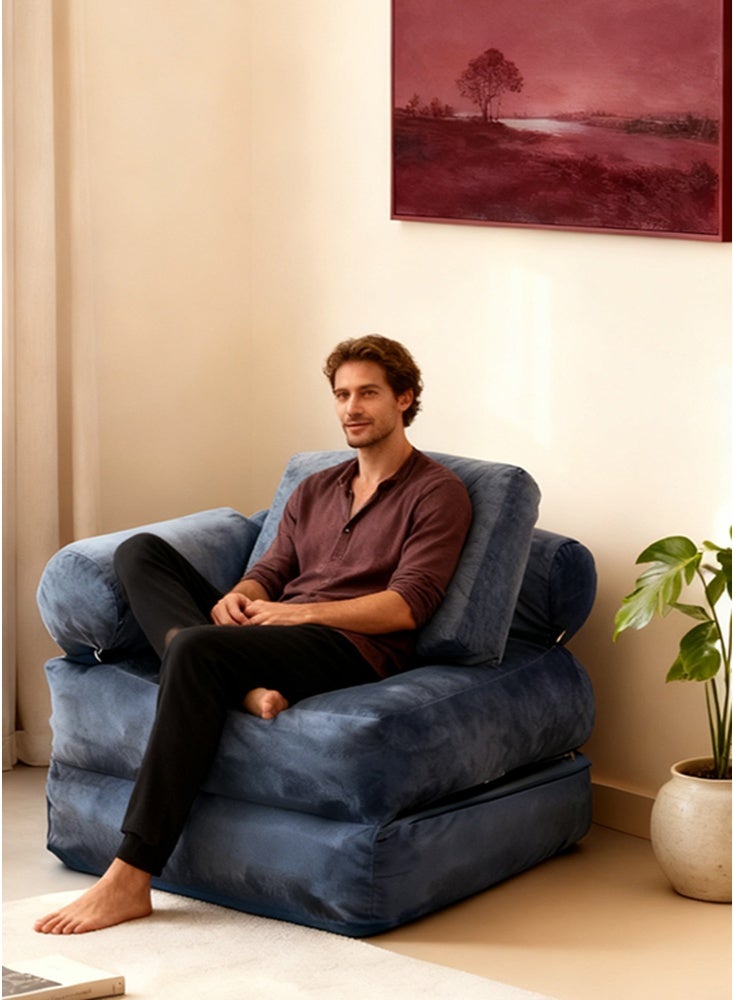 ميريزا سرير أريكة قابل للطي بمقاس فردي | كرسي نوم قابل للتحويل مع وسادة، مرتبة قابلة للطي ودعم للظهر، أريكة أرضية محمولة للمنزل, غرفة المعيشة وغرفة النوم، أزرق - Image 1