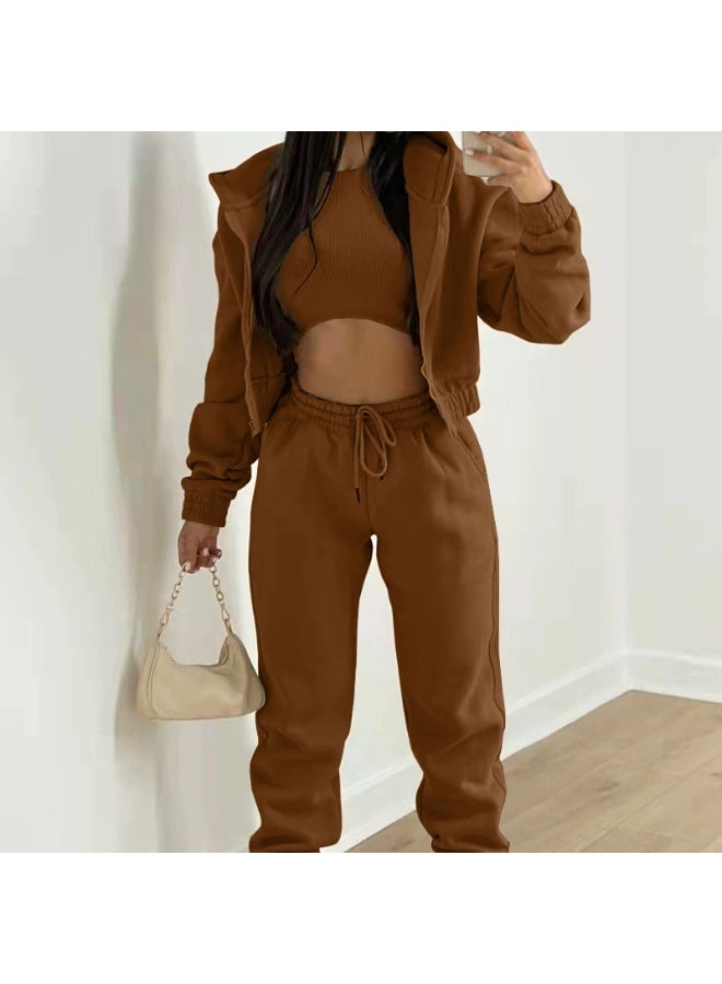 general Women's three-piece long pants with fleece hooded sweatshirt for sporty and casual winter outfit set - Image 1