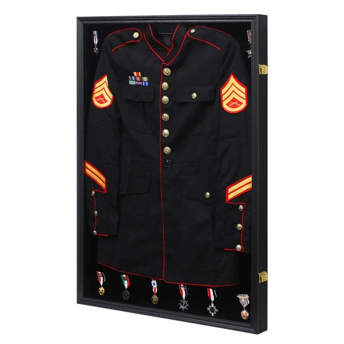 MILITARY UNIFORM DISPLAY CASE POLICE UNIFORM DISPLAY FRAME UNIFORM SHADOW BOX WALL CABINET WITH UV PROTECTION ACRYLIC DOOR FOR COLLECTION MILITARY UNIFORM BLACK