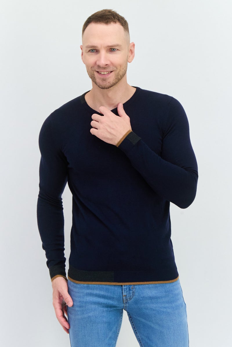 Sorbino Men Round Neck Long Sleeves Textured Sweater, Navy - Image 1