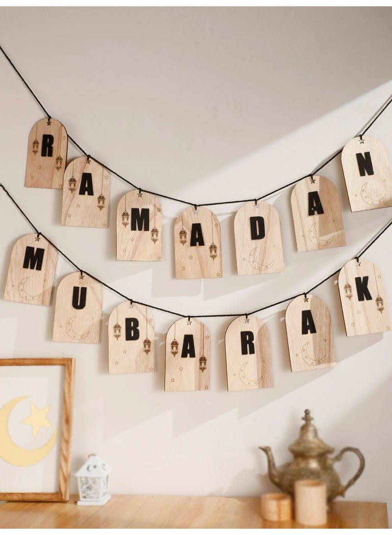 1set Wooden Ramadan Mubarak Banner Hanging Decoration Islamic Home Decor Arabic Style Wooden Garland Ramadan Kareem Eid Mubarak Wall Hanging Sign for Living Room Majlis Entryway Festive Home Styling - Image 3