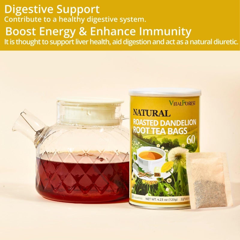 60 Roasted Dandelion Root Tea Bags, 2g/Bags, VitalForest Natural Detox Dandelion Tea, Dried Dandelion Root Coffee Substitute, Diente De Leon, Caffeine Free, Canister Packaged - Image 5