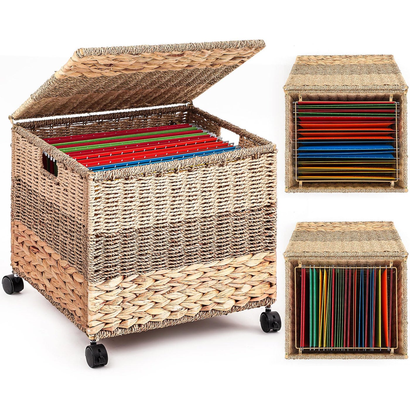 Large Rolling Decorative Filing Cabinet 17.7×15.7×12.6in Wicker File Box Seagrass Hanging Organizers for Letter & Legal Size File Basket with Lid Wheels for Home Office(Tricolor,Water Hyacinth)