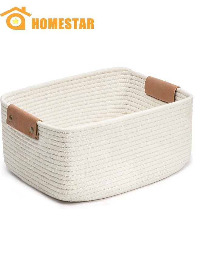 HOMESTAR Rectangle Cotton Rope Woven Basket with Handles, for Books, Magazines, Toys, Decorative Rectangle Basket for Baby Nursery, Living Room, Bathroom, White - Image 1