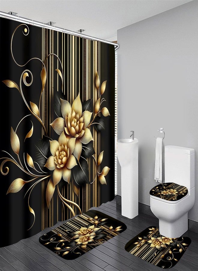 AZHM 4pcs Shower Curtain Sets with Rugs Black Golden Flower Bathroom Decor Sets with Shower Curtain and Rugs and Accessories Floral Shower Curtains for Bathroom with 12 Hooks Bathroom Rugs Set - Image 1