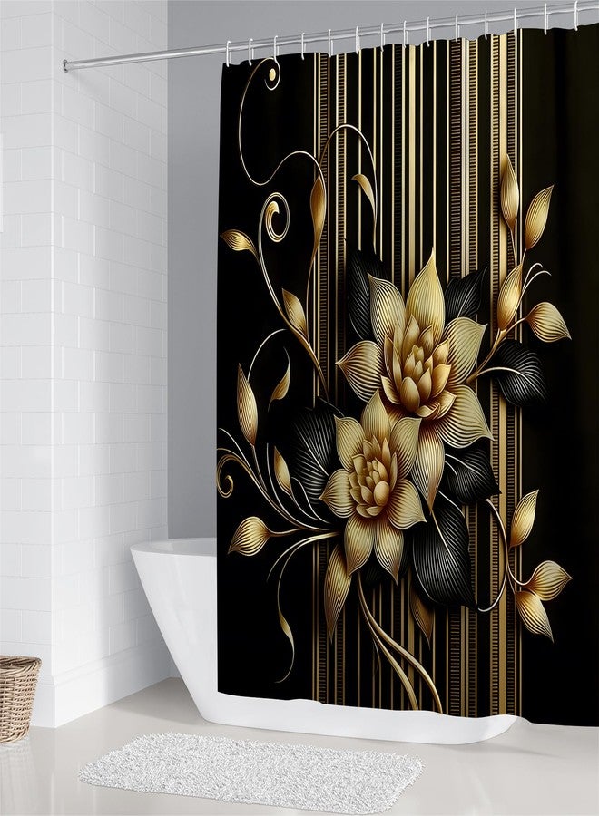 AZHM 4pcs Shower Curtain Sets with Rugs Black Golden Flower Bathroom Decor Sets with Shower Curtain and Rugs and Accessories Floral Shower Curtains for Bathroom with 12 Hooks Bathroom Rugs Set - Image 2