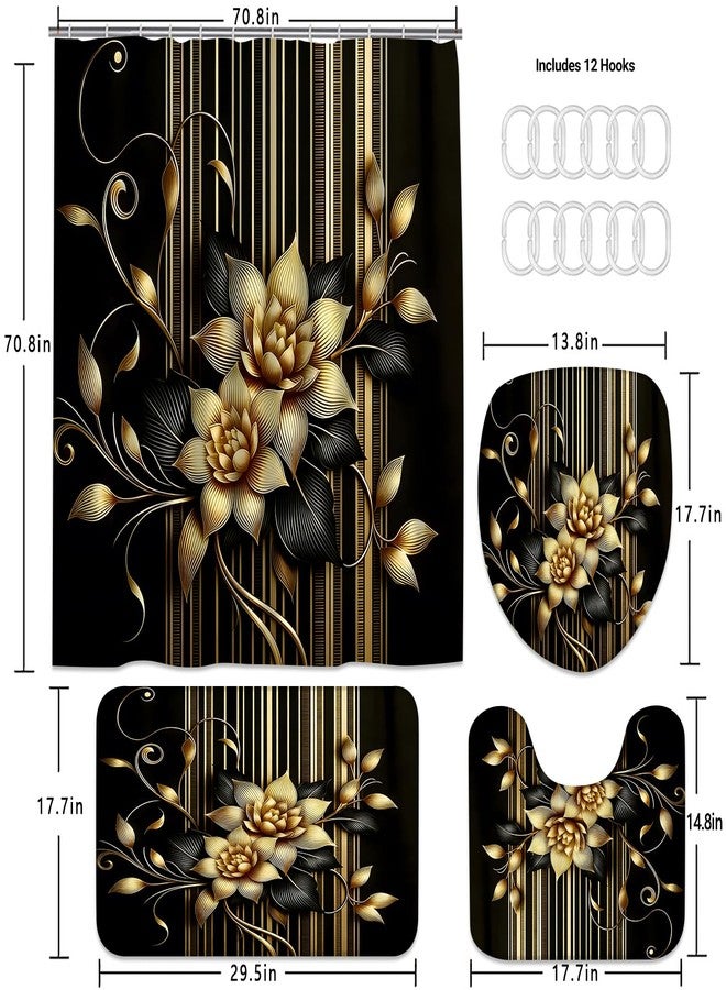AZHM 4pcs Shower Curtain Sets with Rugs Black Golden Flower Bathroom Decor Sets with Shower Curtain and Rugs and Accessories Floral Shower Curtains for Bathroom with 12 Hooks Bathroom Rugs Set - Image 4