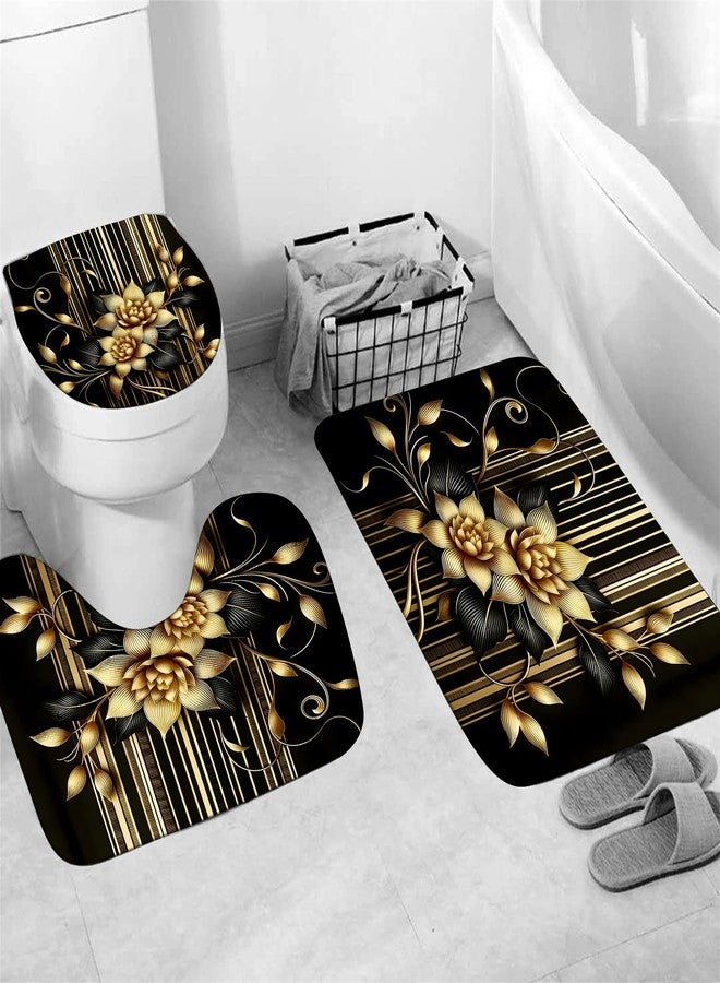 AZHM 4pcs Shower Curtain Sets with Rugs Black Golden Flower Bathroom Decor Sets with Shower Curtain and Rugs and Accessories Floral Shower Curtains for Bathroom with 12 Hooks Bathroom Rugs Set - Image 3
